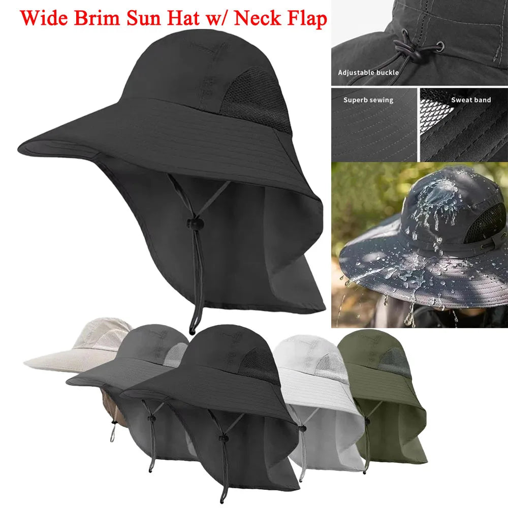 Summer Outdoor Sun Hat with UV Protection Neck Flap Fishing Cap Wide Brim Adjustable Windproof Strap For Hiking Camping