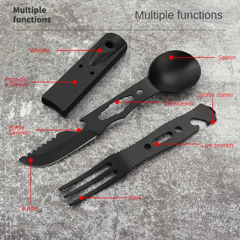 Outdoor Set Multi functional Camping Knives Camping Tableware Outdoor Wind Combination Stainless Steel with Whistle Spoon Fork