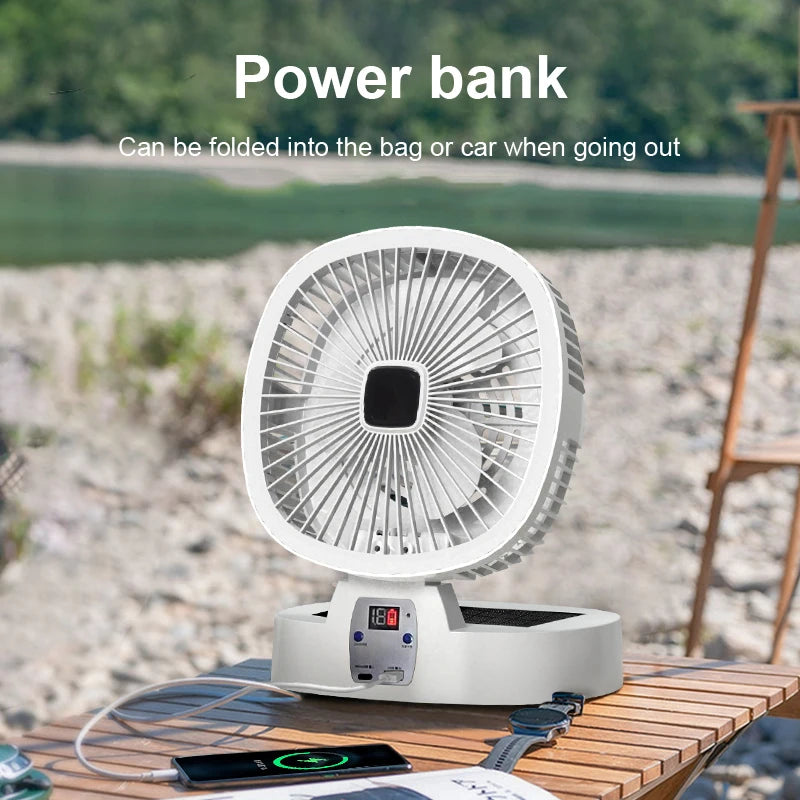 Outdoor Camping Fan Solar Power 5 Speeds Wireless Table LED Light Low Noise USB Chargeable Power Bank Home Portable Electric Fan