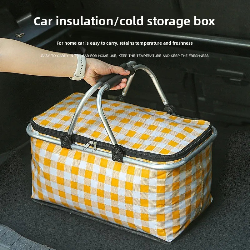 Folding picnic basket, large capacity outdoor camping insulation bag, hand-held aluminum foil thickened fabric car picnic bag